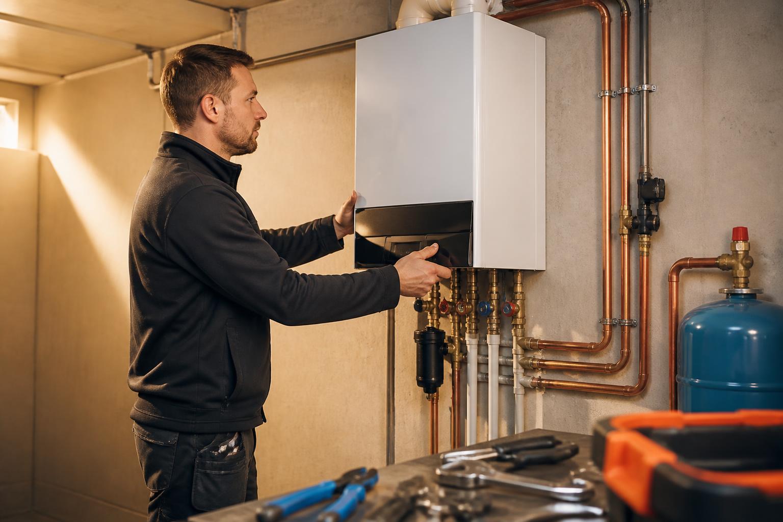 Technicien chauffagiste installant une chaudière moderne dans une maison belge